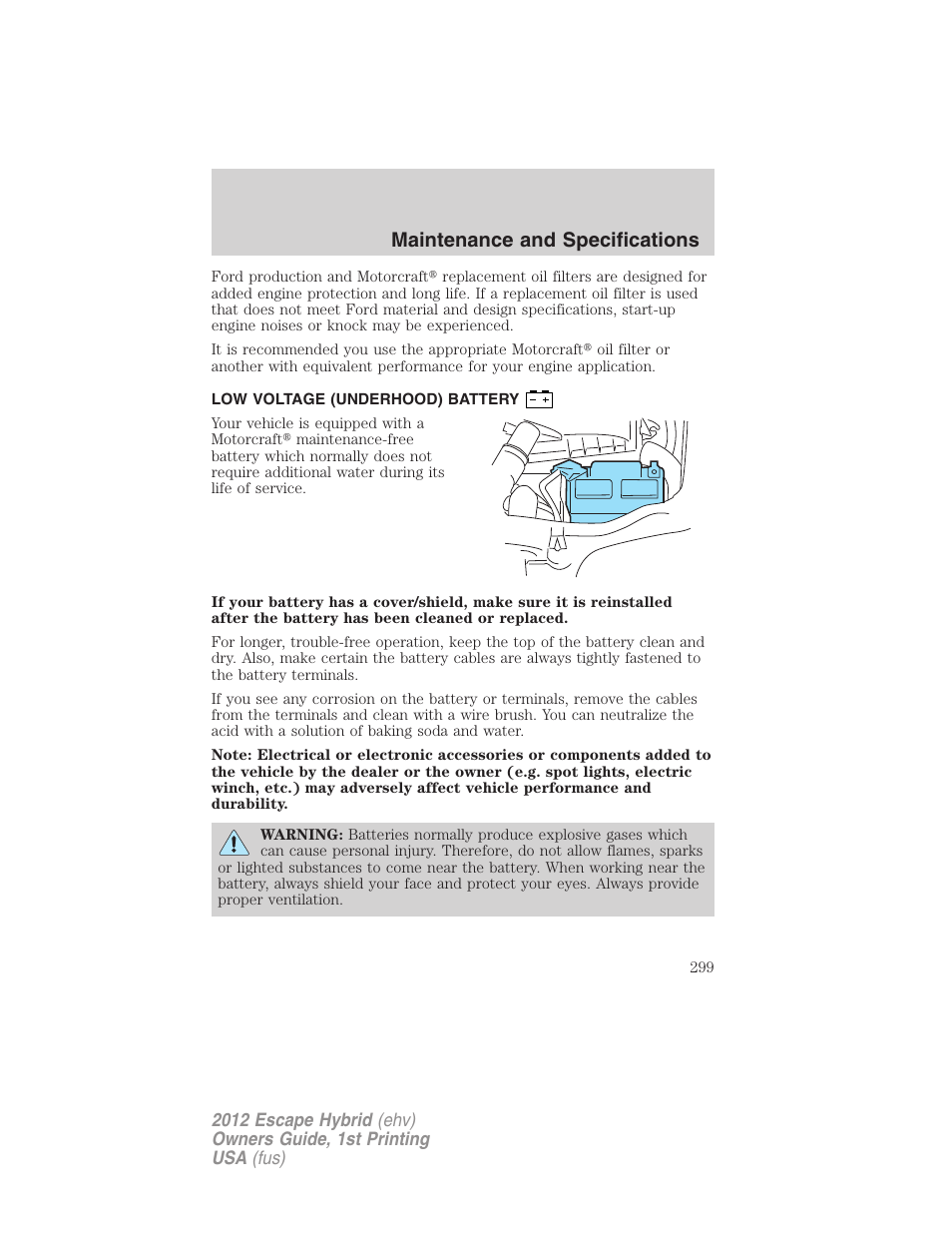 Low voltage (underhood) battery, Battery, Maintenance and specifications | FORD 2012 Escape Hybrid User Manual | Page 299 / 358