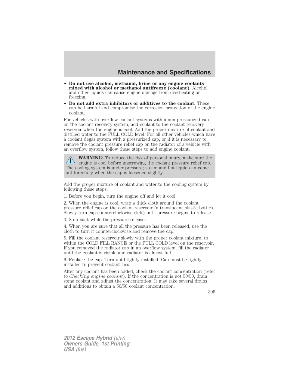 Maintenance and specifications | FORD 2012 Escape Hybrid User Manual | Page 305 / 358