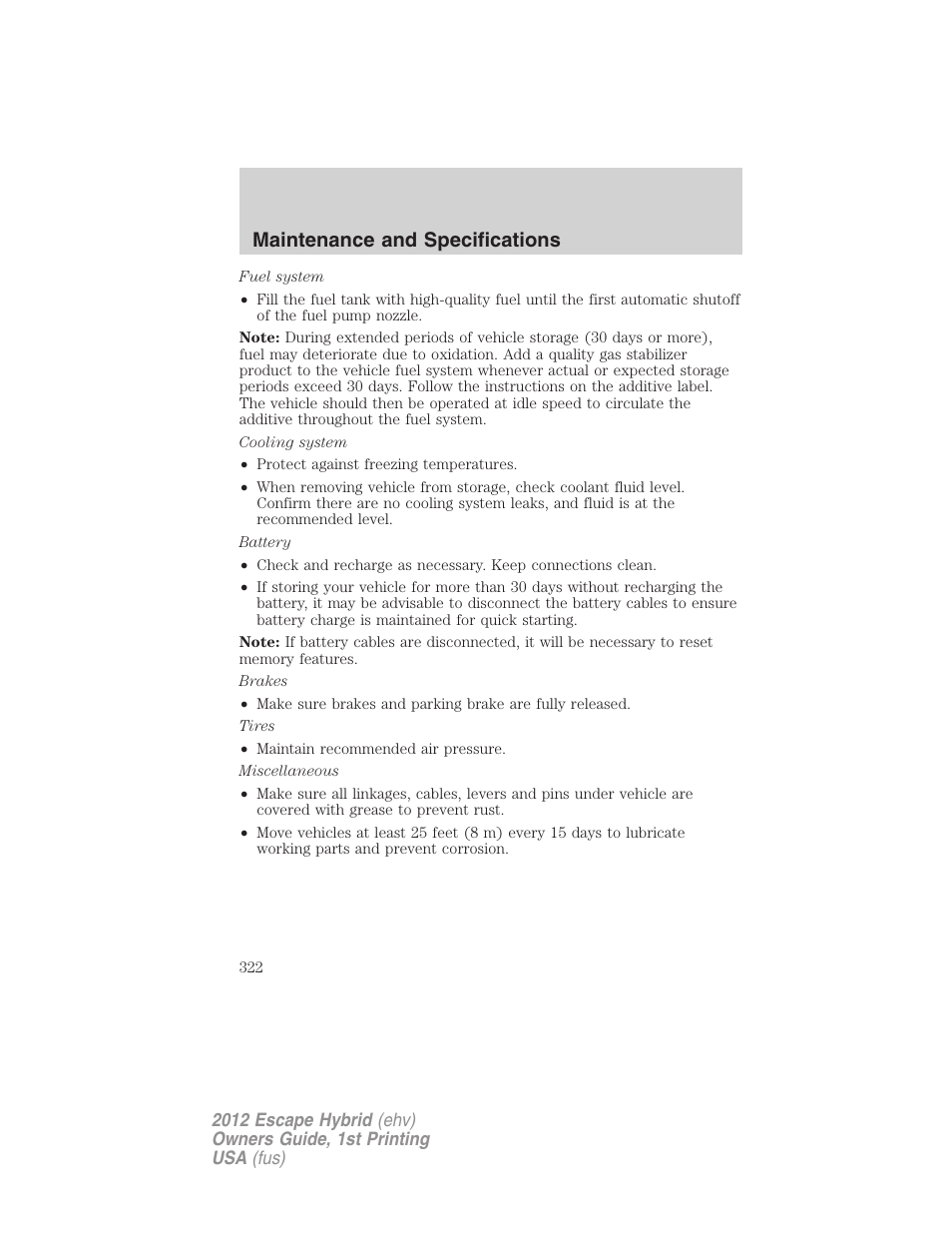 Maintenance and specifications | FORD 2012 Escape Hybrid User Manual | Page 322 / 358