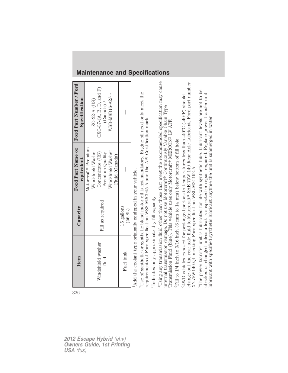 Maintenance and specifications | FORD 2012 Escape Hybrid User Manual | Page 326 / 358