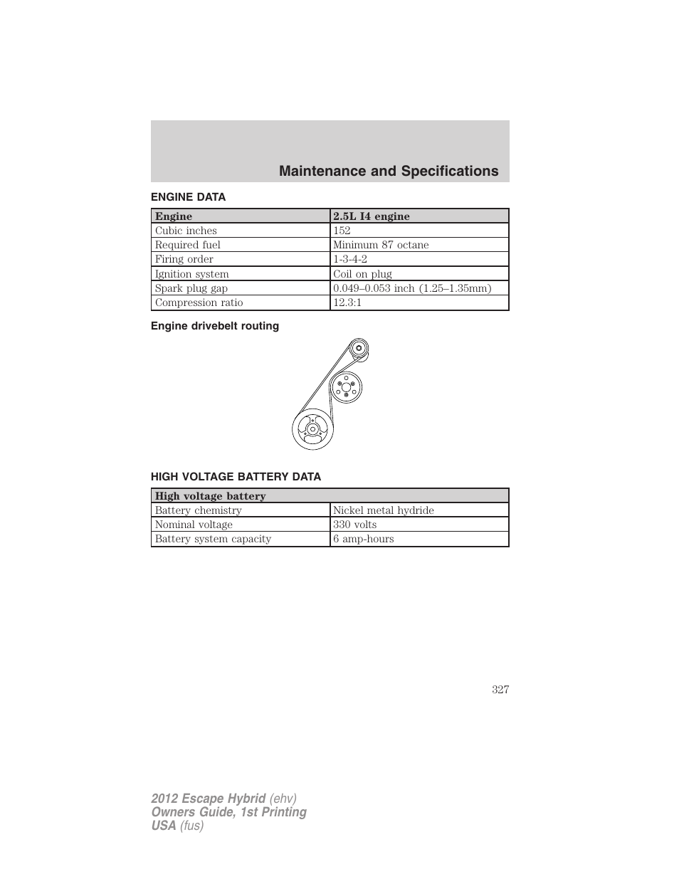 Engine data, Engine drivebelt routing, High voltage battery data | Maintenance and specifications | FORD 2012 Escape Hybrid User Manual | Page 327 / 358