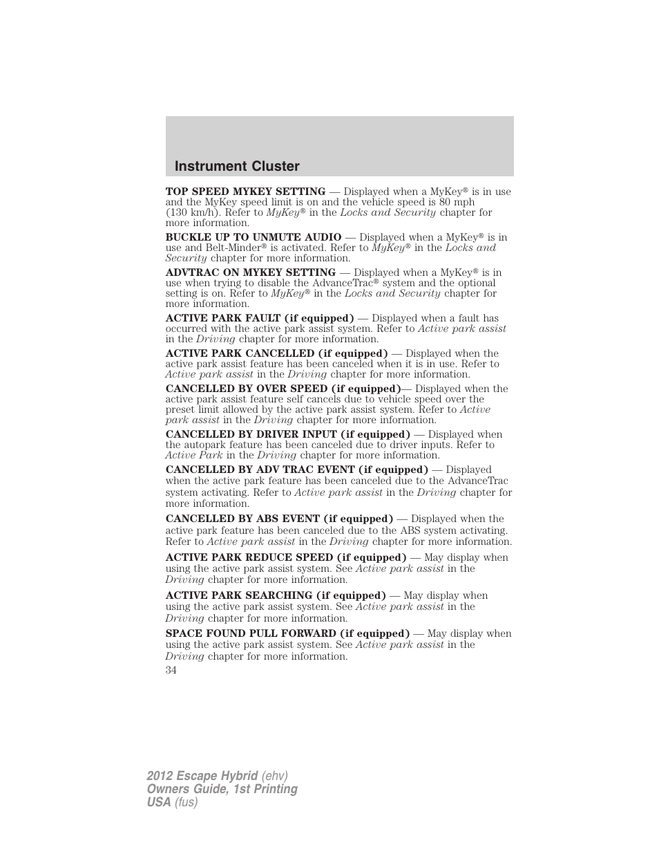 Instrument cluster | FORD 2012 Escape Hybrid User Manual | Page 34 / 358