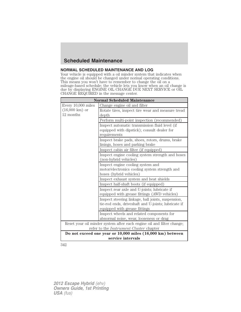 Normal scheduled maintenance and log, Scheduled maintenance | FORD 2012 Escape Hybrid User Manual | Page 342 / 358