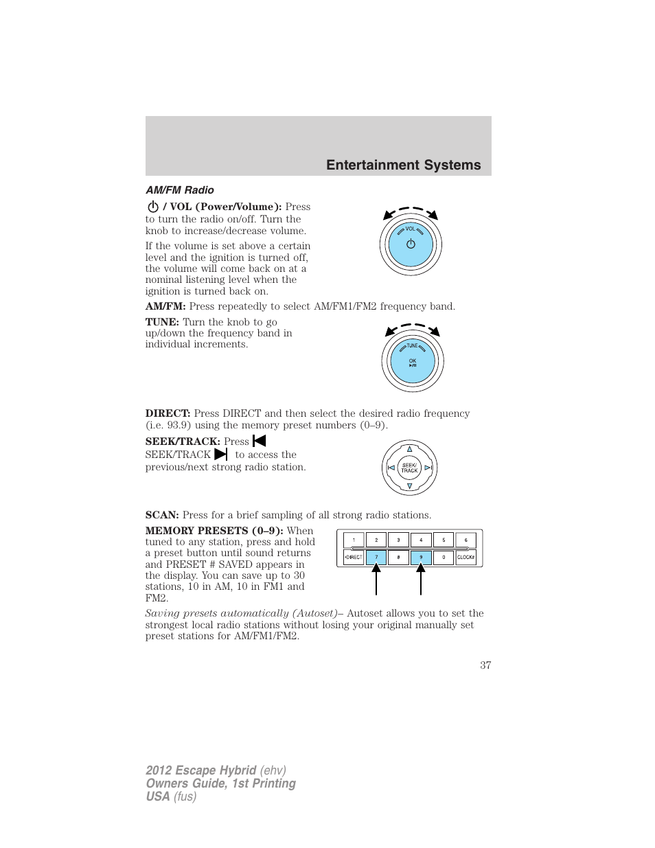 Am/fm radio, Entertainment systems | FORD 2012 Escape Hybrid User Manual | Page 37 / 358