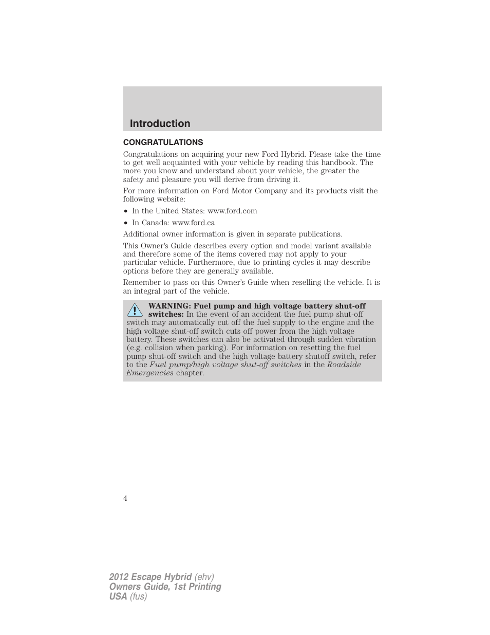 Introduction, Congratulations | FORD 2012 Escape Hybrid User Manual | Page 4 / 358