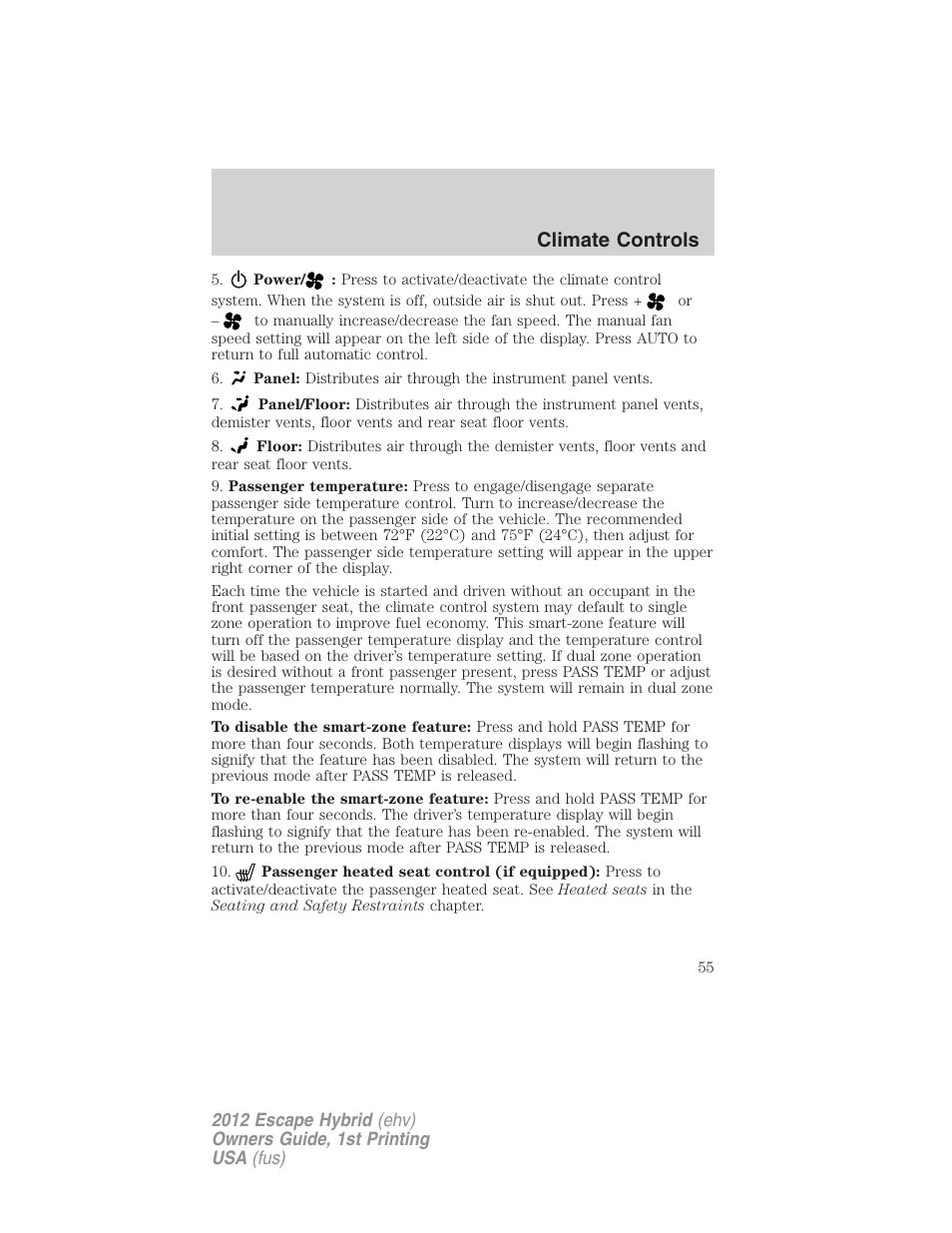 Climate controls | FORD 2012 Escape Hybrid User Manual | Page 55 / 358