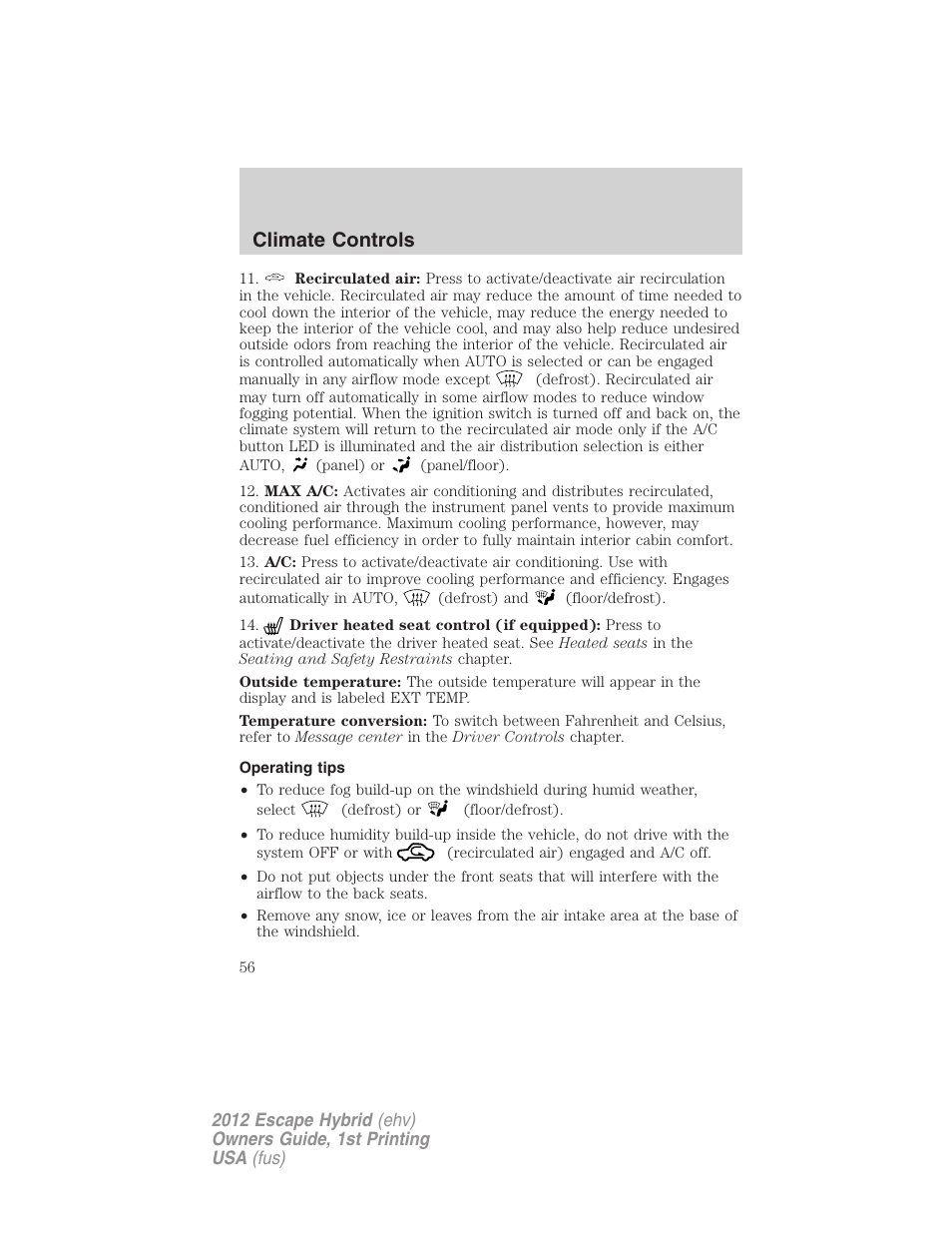 Operating tips, Climate controls | FORD 2012 Escape Hybrid User Manual | Page 56 / 358