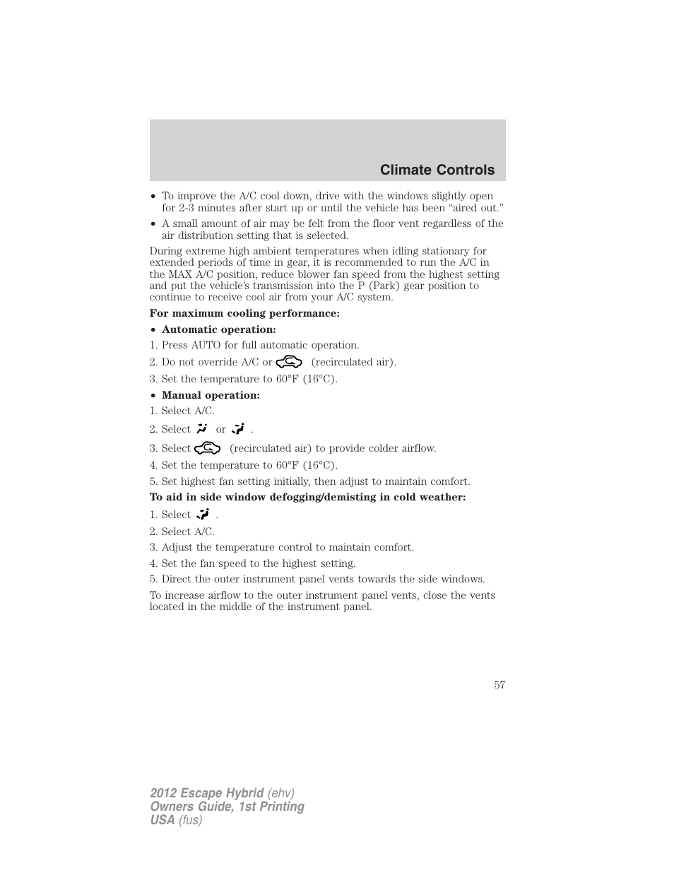 Climate controls | FORD 2012 Escape Hybrid User Manual | Page 57 / 358