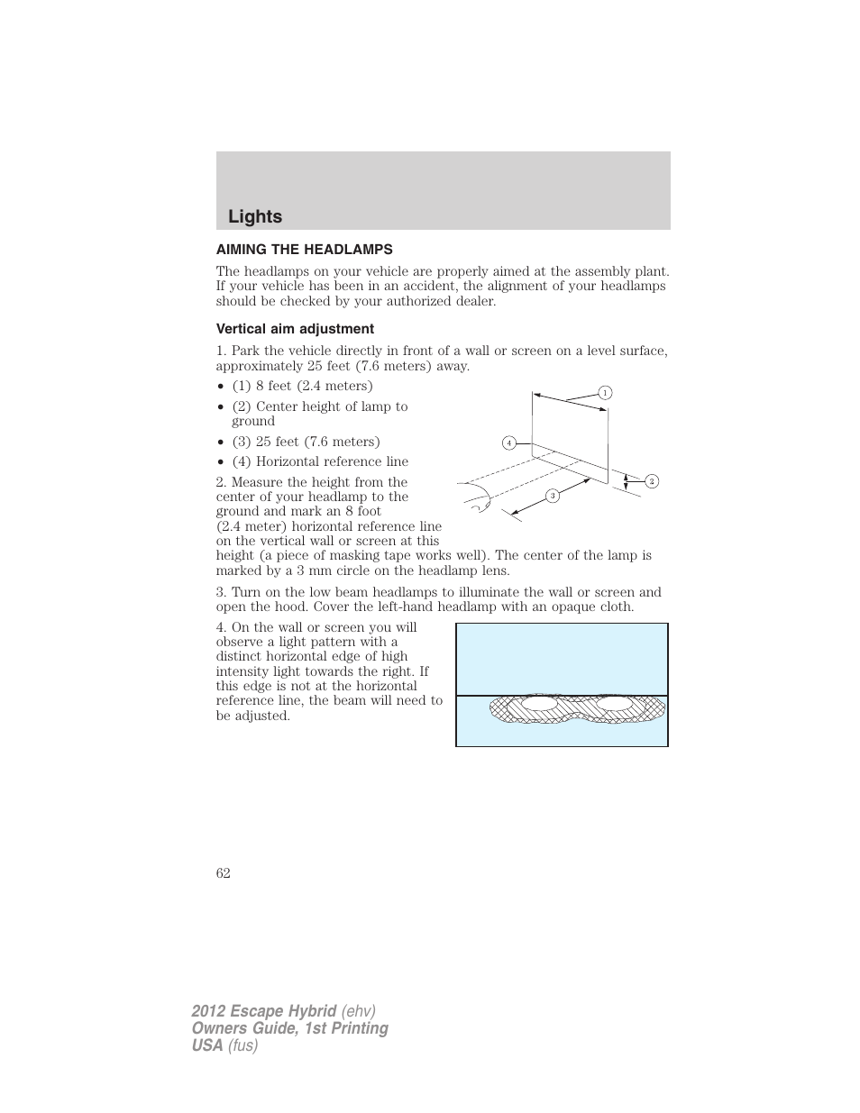 Aiming the headlamps, Vertical aim adjustment, Lights | FORD 2012 Escape Hybrid User Manual | Page 62 / 358
