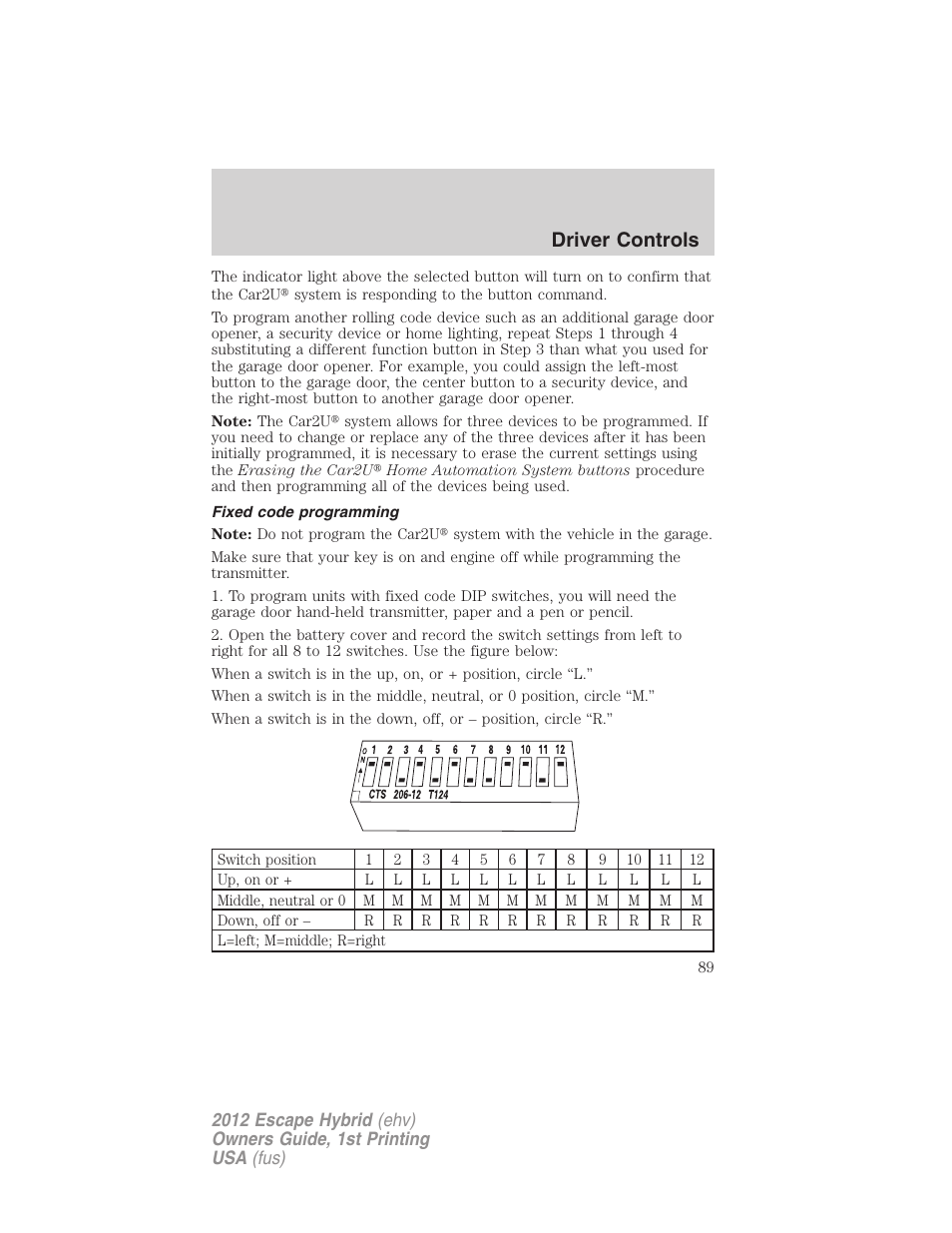 Fixed code programming, Driver controls | FORD 2012 Escape Hybrid User Manual | Page 89 / 358