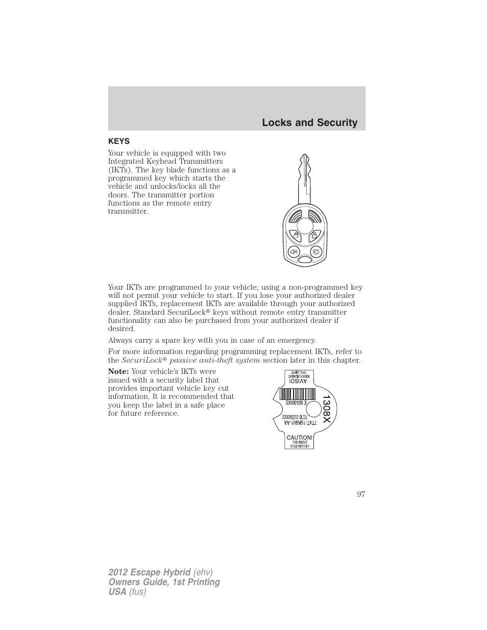 Locks and security, Keys | FORD 2012 Escape Hybrid User Manual | Page 97 / 358