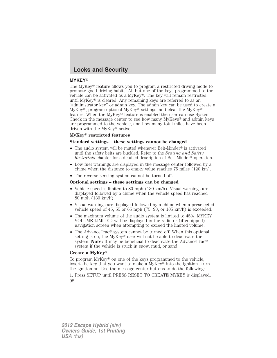 Mykey, Locks and security | FORD 2012 Escape Hybrid User Manual | Page 98 / 358