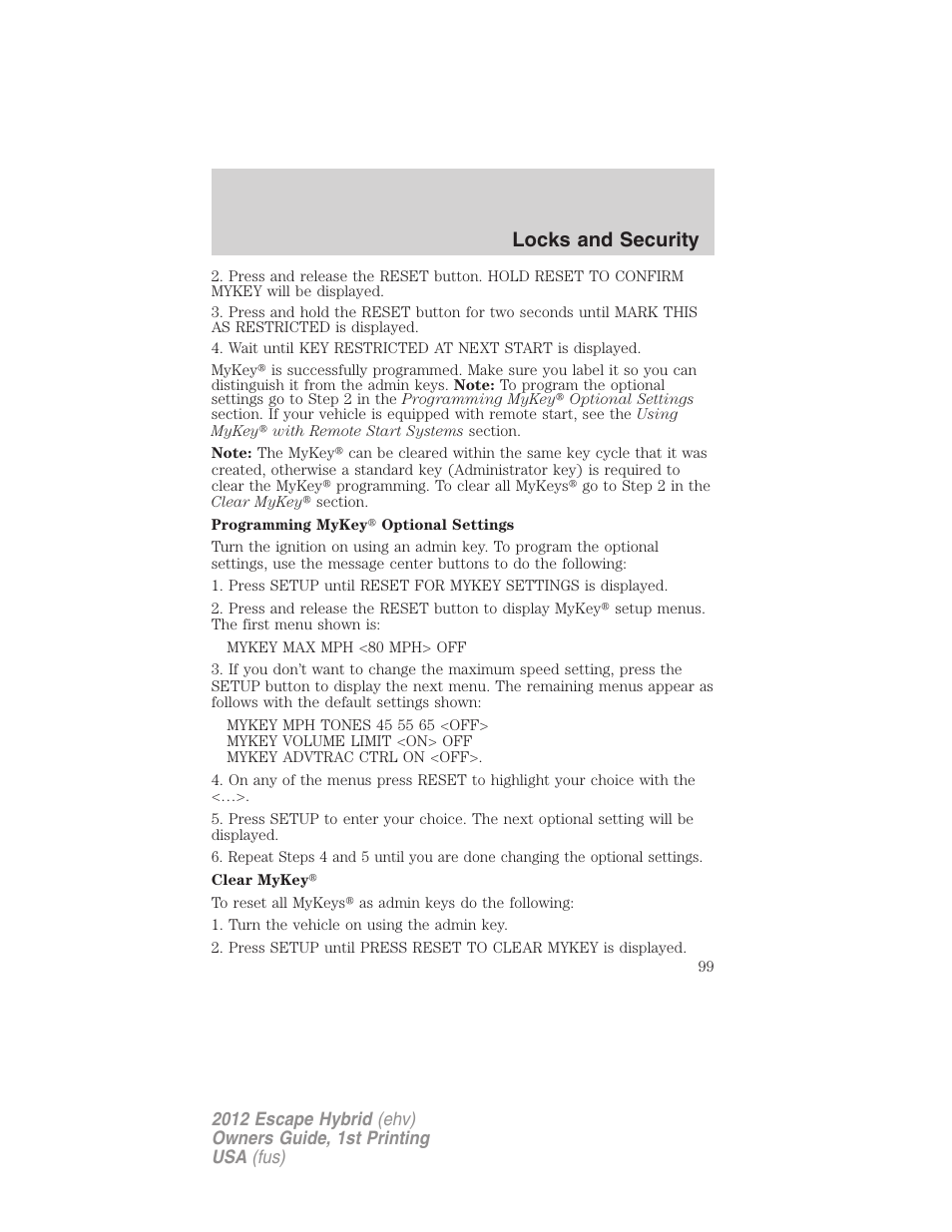 Locks and security | FORD 2012 Escape Hybrid User Manual | Page 99 / 358