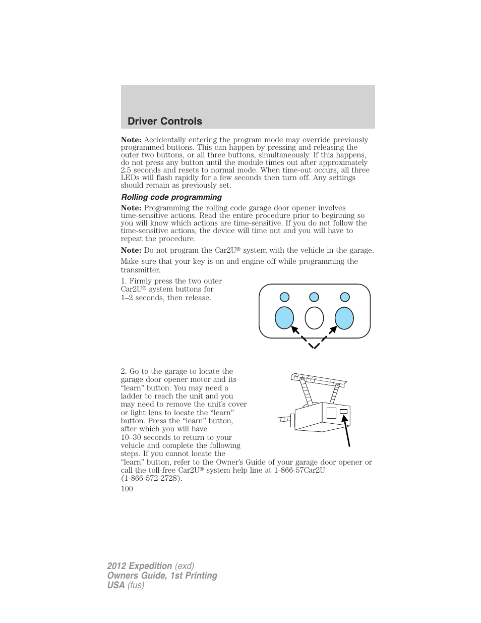 Rolling code programming, Driver controls | FORD 2012 Expedition v.1 User Manual | Page 100 / 400