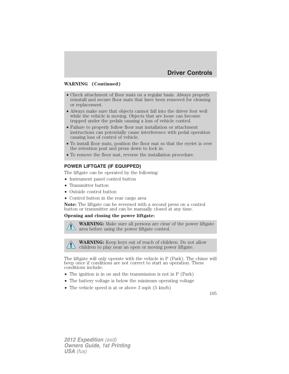 Power liftgate (if equipped), Driver controls | FORD 2012 Expedition v.1 User Manual | Page 105 / 400