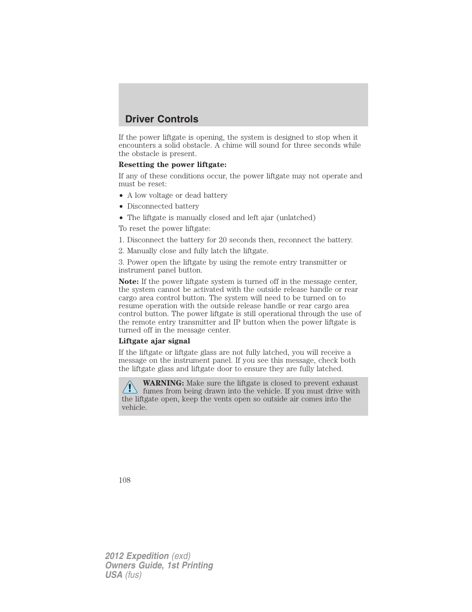 Driver controls | FORD 2012 Expedition v.1 User Manual | Page 108 / 400