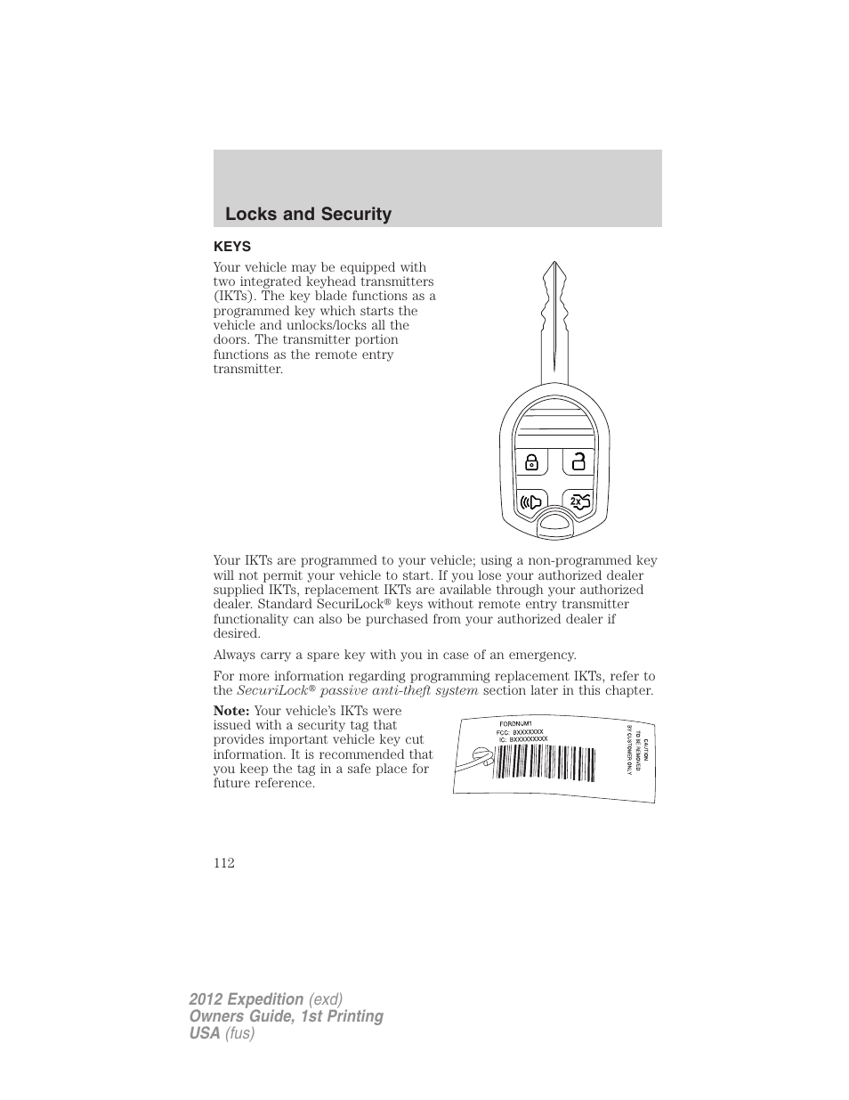 Locks and security, Keys | FORD 2012 Expedition v.1 User Manual | Page 112 / 400