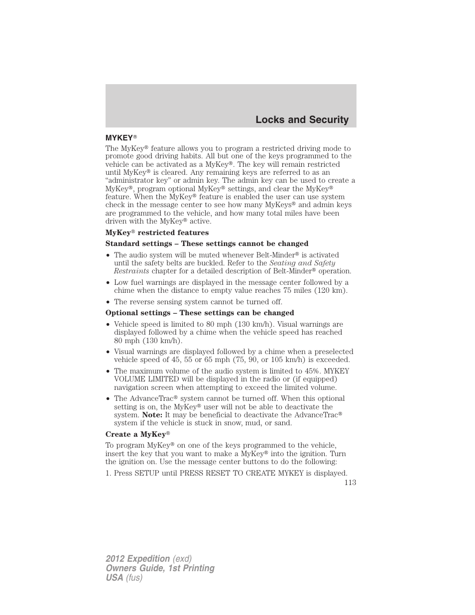 Mykey, Locks and security | FORD 2012 Expedition v.1 User Manual | Page 113 / 400