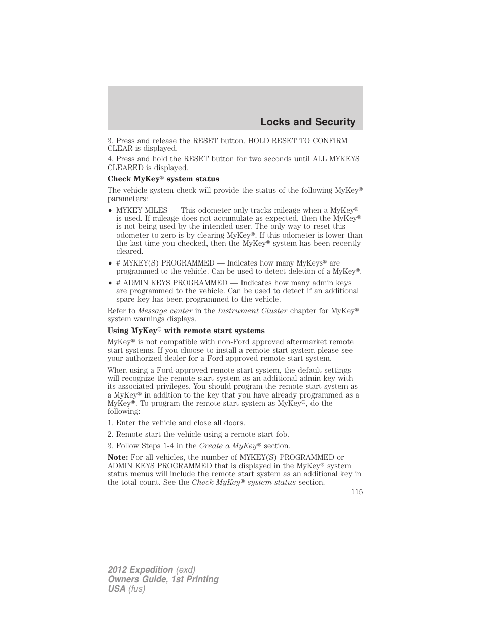 Locks and security | FORD 2012 Expedition v.1 User Manual | Page 115 / 400
