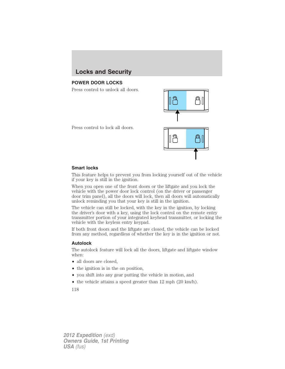 Power door locks, Smart locks, Autolock | Locks, Locks and security | FORD 2012 Expedition v.1 User Manual | Page 118 / 400