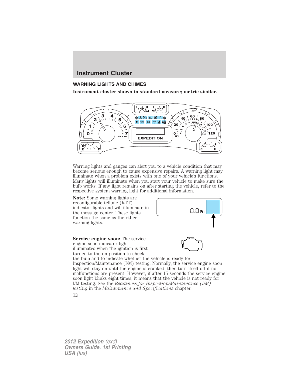 Instrument cluster, Warning lights and chimes | FORD 2012 Expedition v.1 User Manual | Page 12 / 400