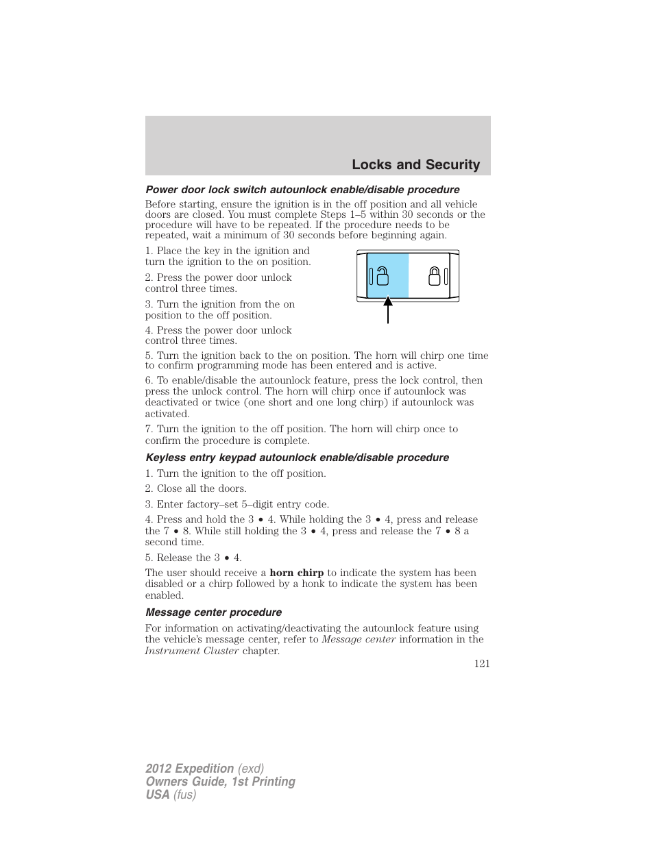 Message center procedure, Locks and security | FORD 2012 Expedition v.1 User Manual | Page 121 / 400