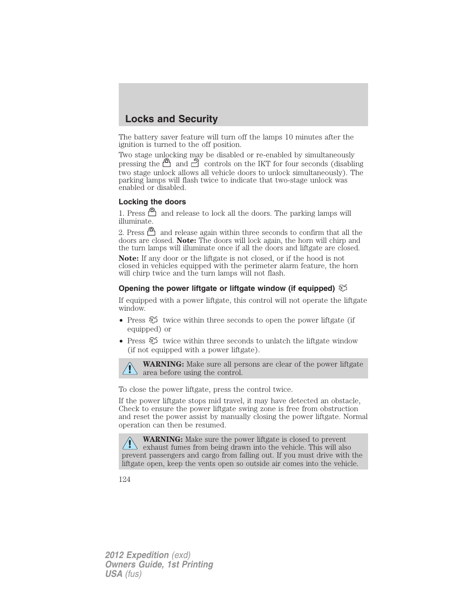 Locking the doors, Locks and security | FORD 2012 Expedition v.1 User Manual | Page 124 / 400