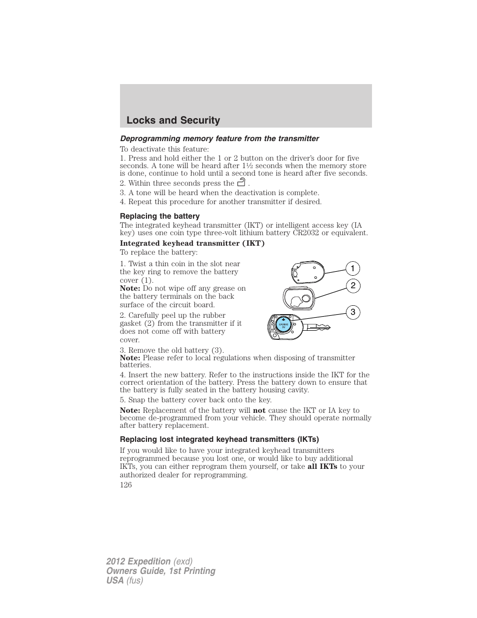 Deprogramming memory feature from the transmitter, Replacing the battery, Locks and security | FORD 2012 Expedition v.1 User Manual | Page 126 / 400