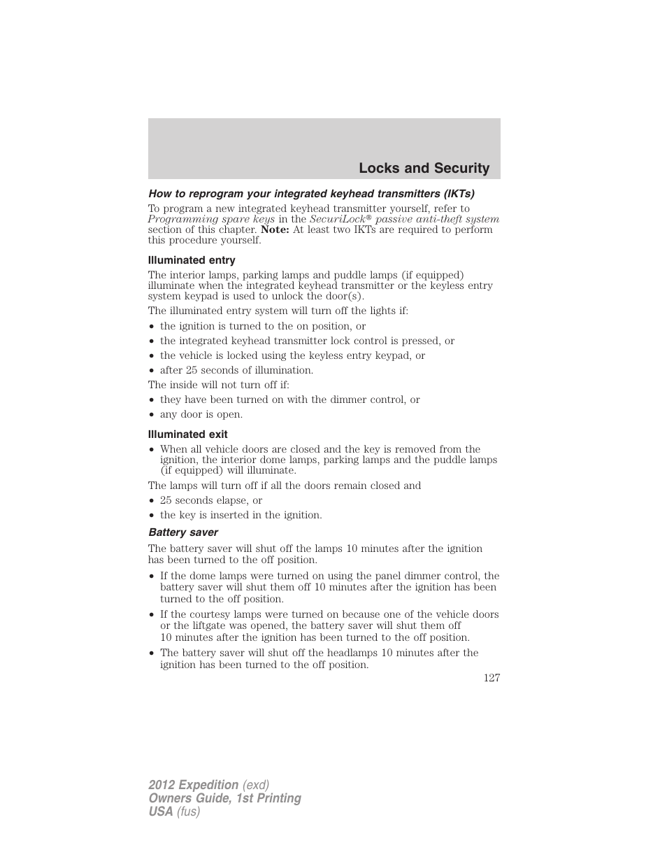 Illuminated entry, Illuminated exit, Battery saver | Locks and security | FORD 2012 Expedition v.1 User Manual | Page 127 / 400