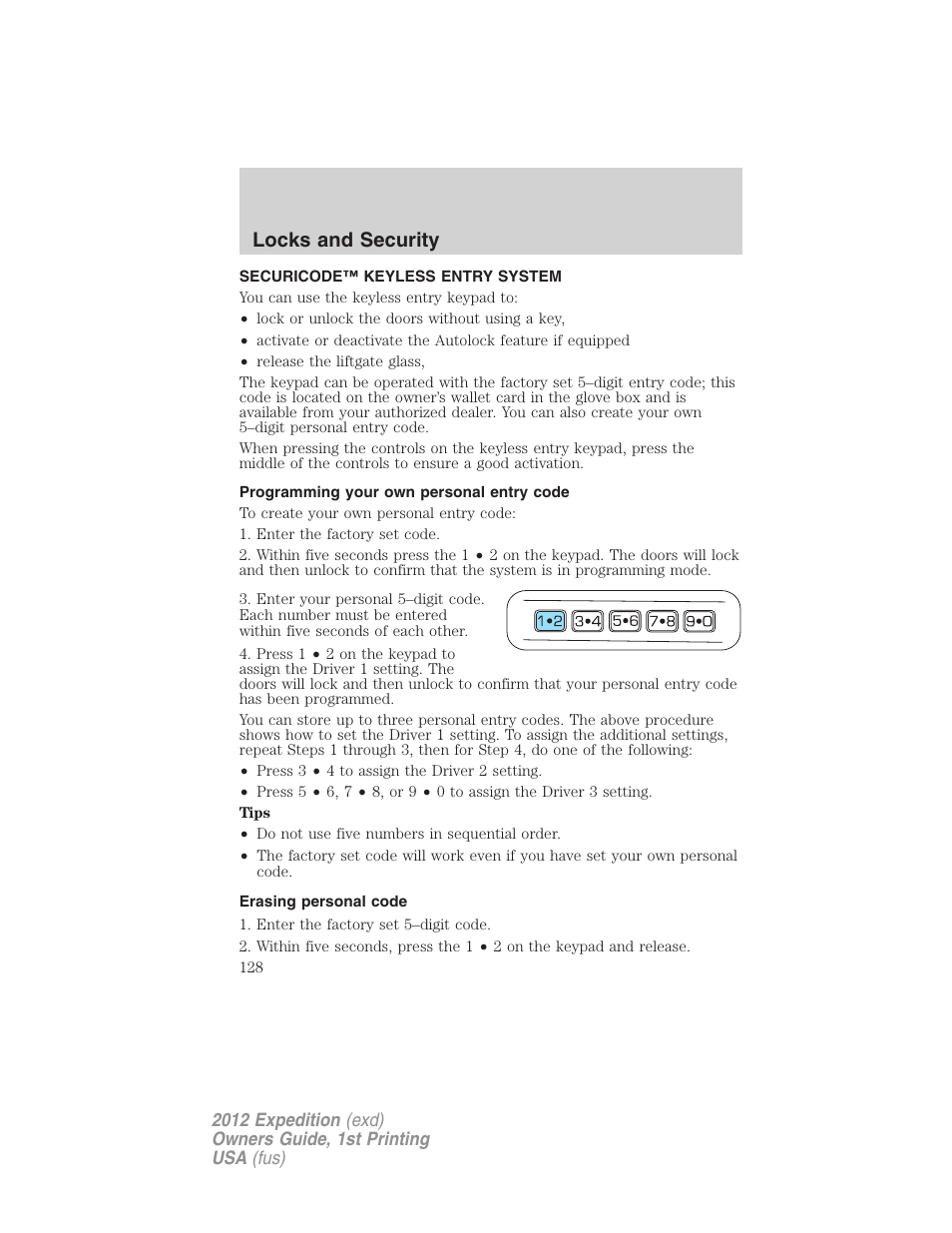 Securicode™ keyless entry system, Programming your own personal entry code, Erasing personal code | Locks and security | FORD 2012 Expedition v.1 User Manual | Page 128 / 400