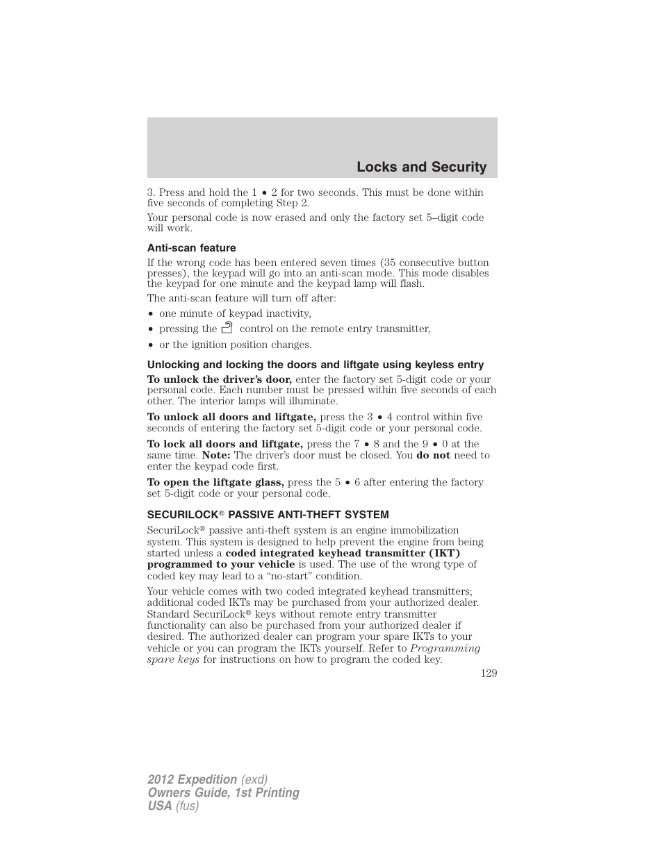 Anti-scan feature, Securilock? passive anti-theft system, Anti-theft system | Locks and security | FORD 2012 Expedition v.1 User Manual | Page 129 / 400