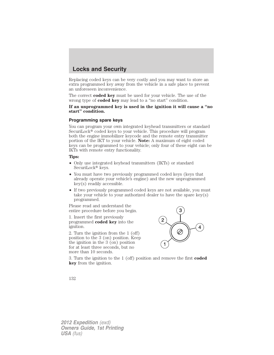 Programming spare keys, Locks and security | FORD 2012 Expedition v.1 User Manual | Page 132 / 400