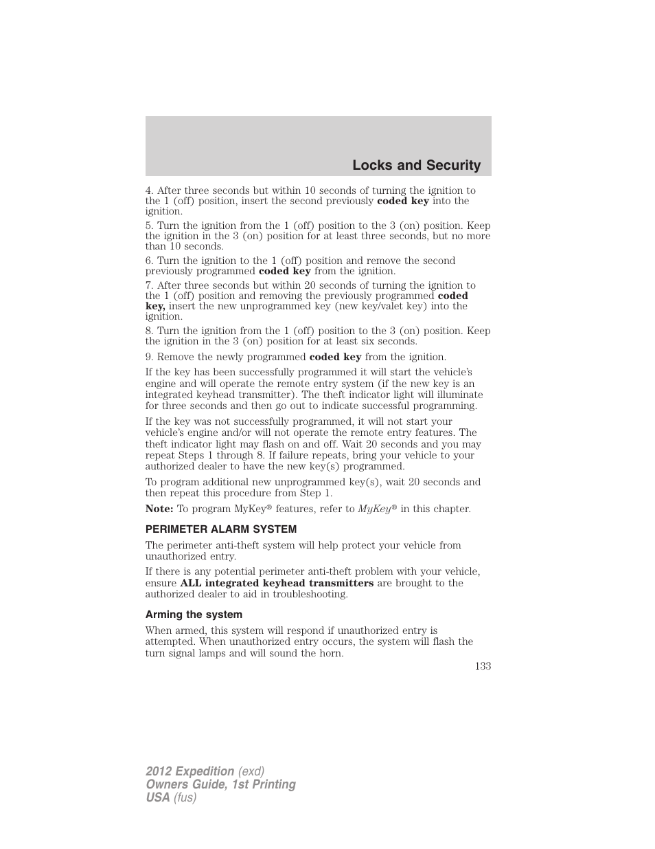 Perimeter alarm system, Arming the system, Locks and security | FORD 2012 Expedition v.1 User Manual | Page 133 / 400