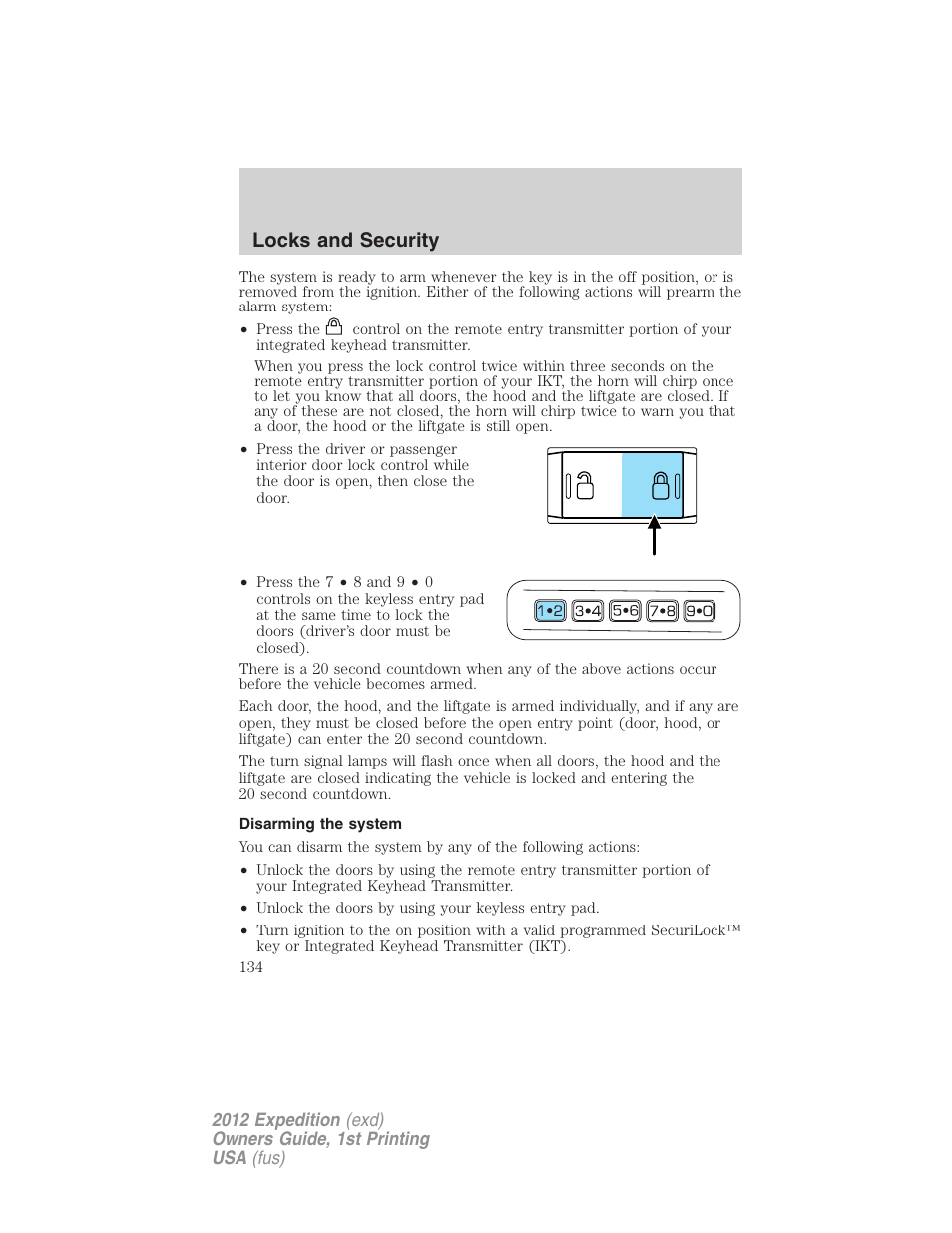 Disarming the system, Locks and security | FORD 2012 Expedition v.1 User Manual | Page 134 / 400