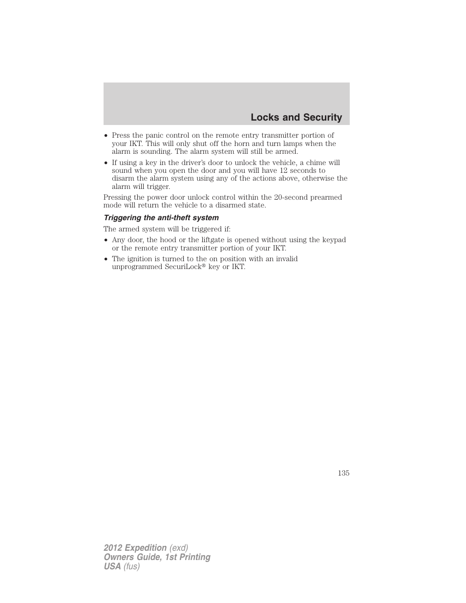 Triggering the anti-theft system, Locks and security | FORD 2012 Expedition v.1 User Manual | Page 135 / 400