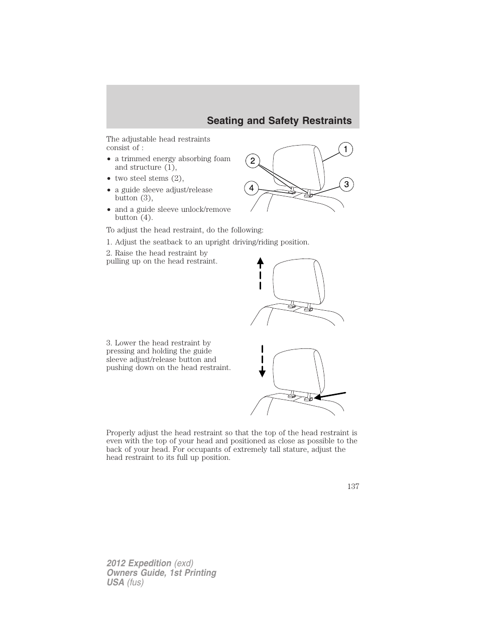 Seating and safety restraints | FORD 2012 Expedition v.1 User Manual | Page 137 / 400