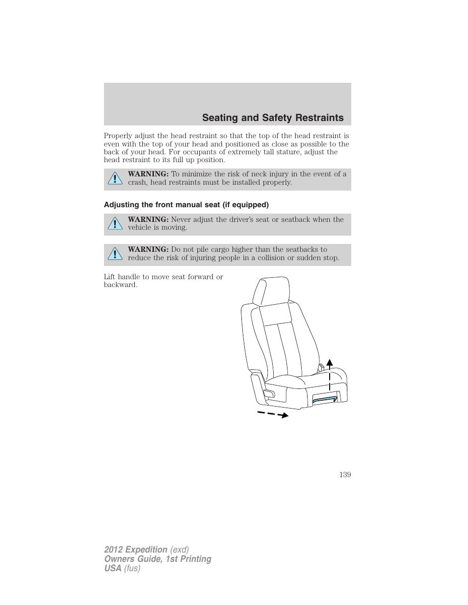 Adjusting the front manual seat (if equipped), Seating and safety restraints | FORD 2012 Expedition v.1 User Manual | Page 139 / 400