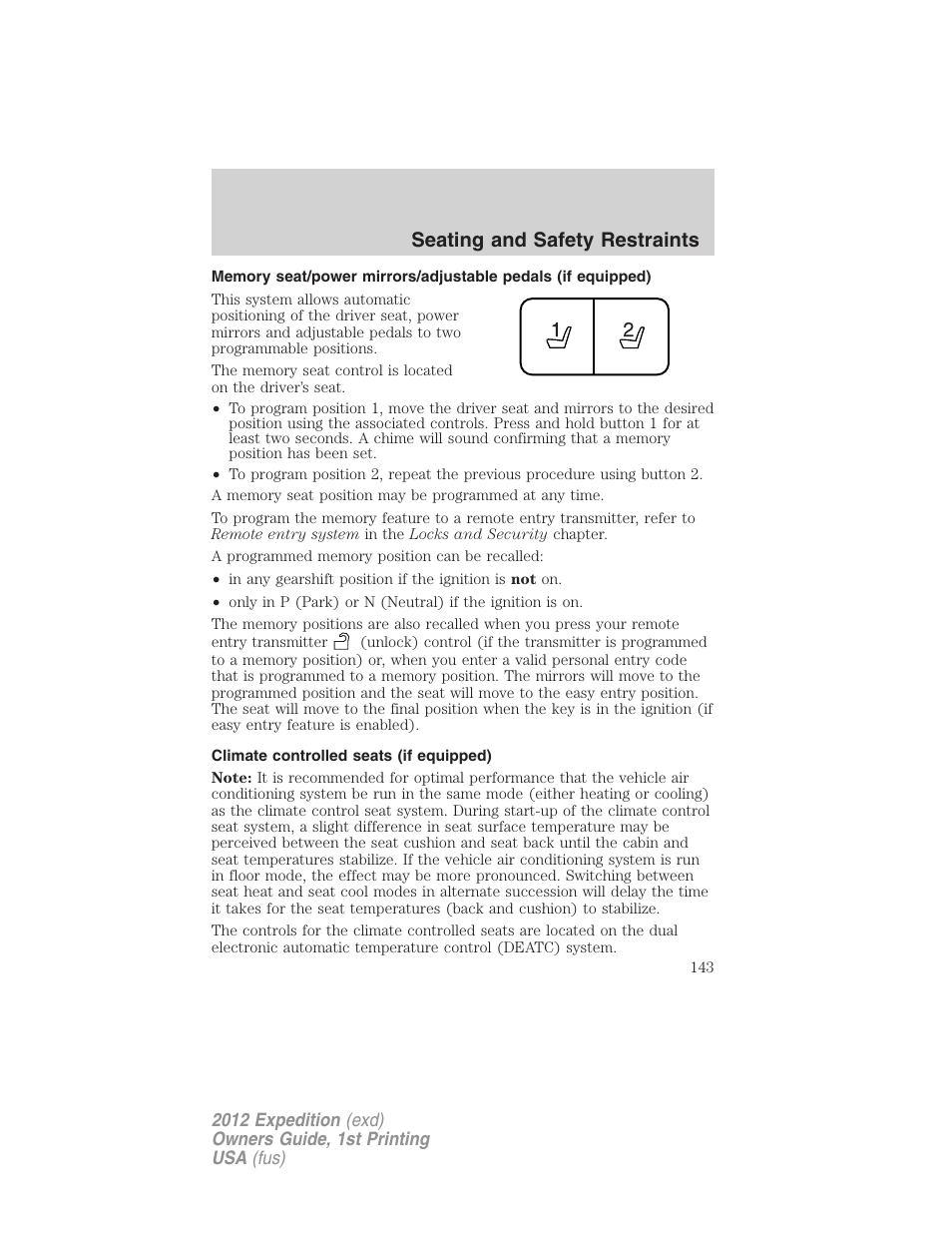Climate controlled seats (if equipped), Seating and safety restraints | FORD 2012 Expedition v.1 User Manual | Page 143 / 400
