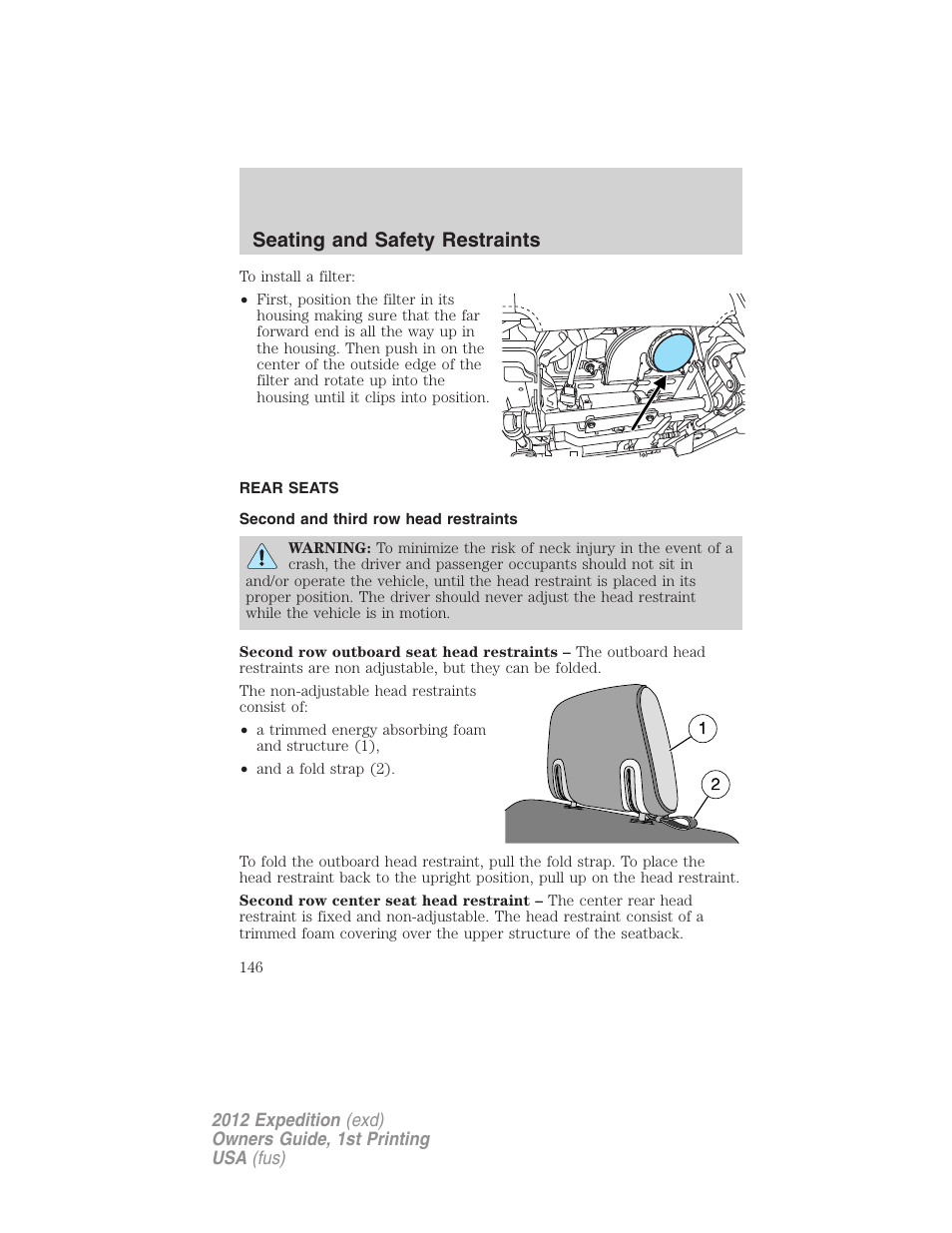 Rear seats, Second and third row head restraints, Seating and safety restraints | FORD 2012 Expedition v.1 User Manual | Page 146 / 400