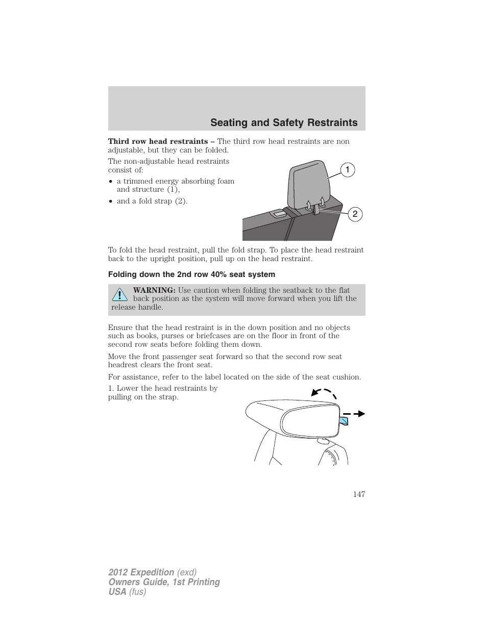 Folding down the 2nd row 40% seat system, Seating and safety restraints | FORD 2012 Expedition v.1 User Manual | Page 147 / 400
