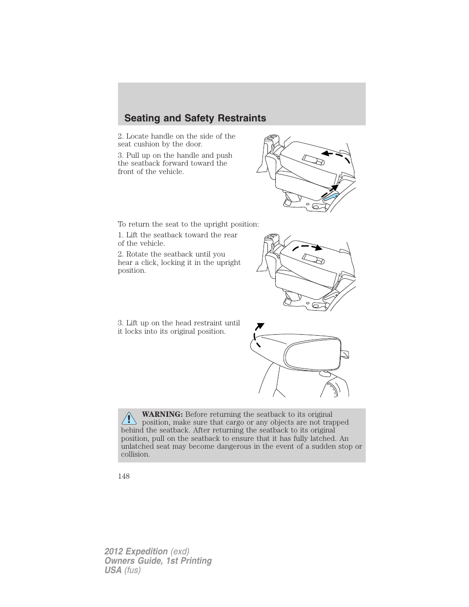 Seating and safety restraints | FORD 2012 Expedition v.1 User Manual | Page 148 / 400