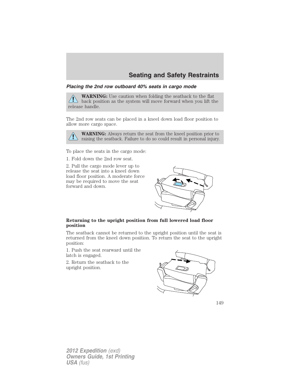 Seating and safety restraints | FORD 2012 Expedition v.1 User Manual | Page 149 / 400