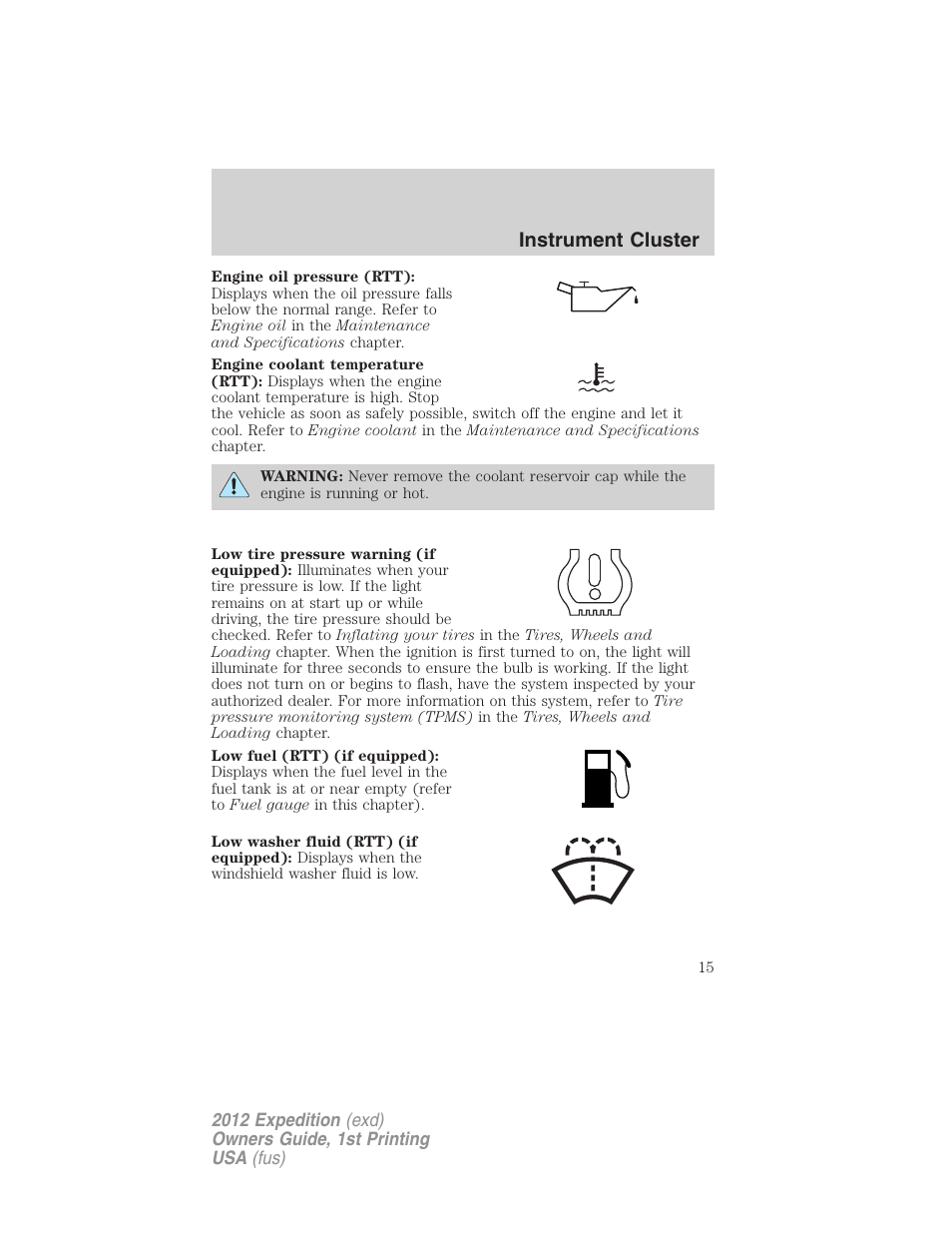 Instrument cluster | FORD 2012 Expedition v.1 User Manual | Page 15 / 400