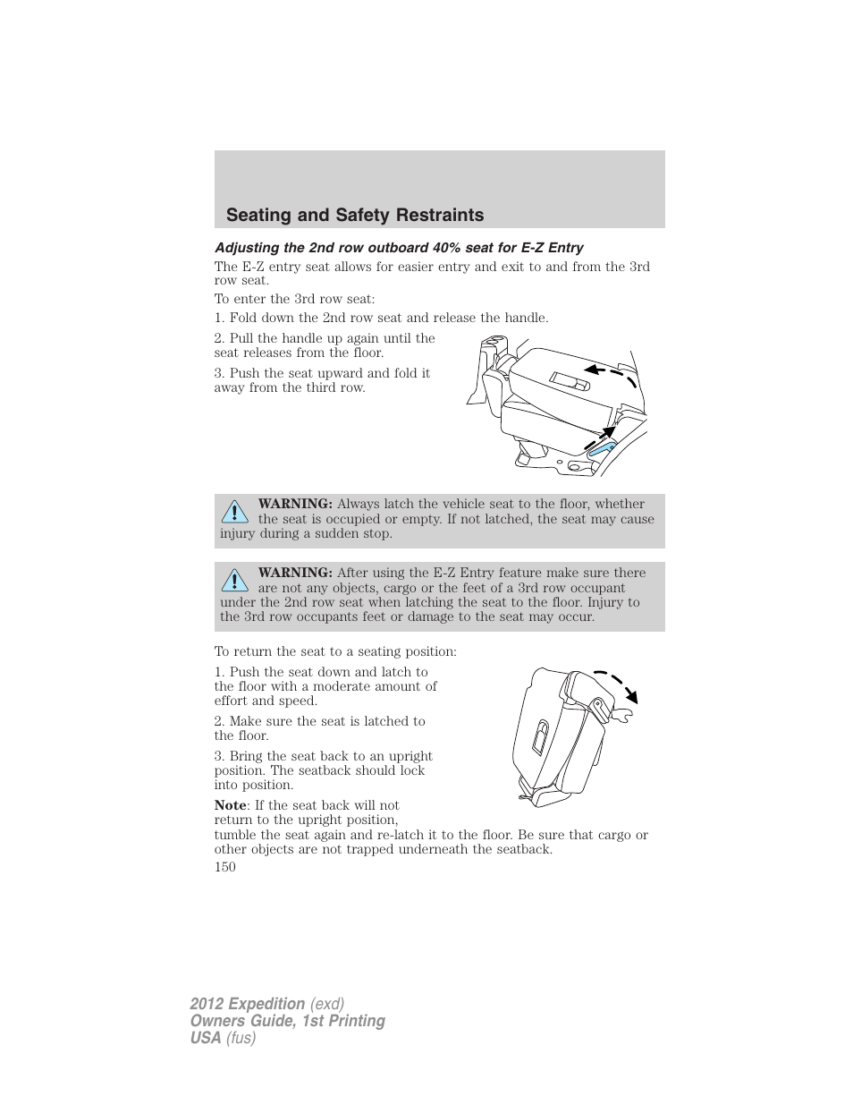 Seating and safety restraints | FORD 2012 Expedition v.1 User Manual | Page 150 / 400