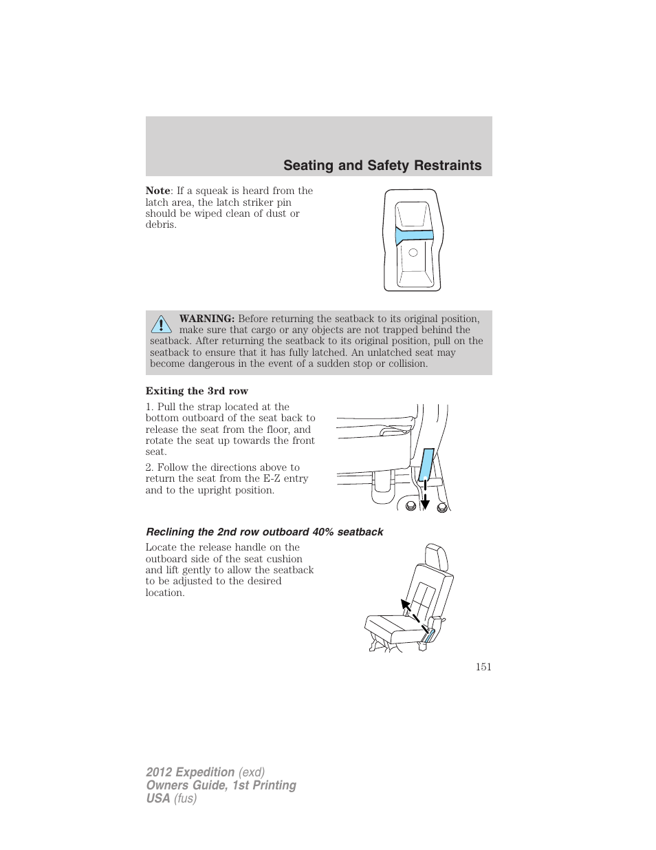 Reclining the 2nd row outboard 40% seatback, Seating and safety restraints | FORD 2012 Expedition v.1 User Manual | Page 151 / 400