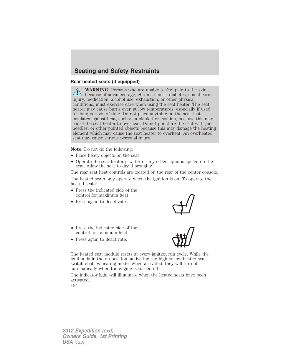 Rear heated seats (if equipped), Seating and safety restraints | FORD 2012 Expedition v.1 User Manual | Page 154 / 400