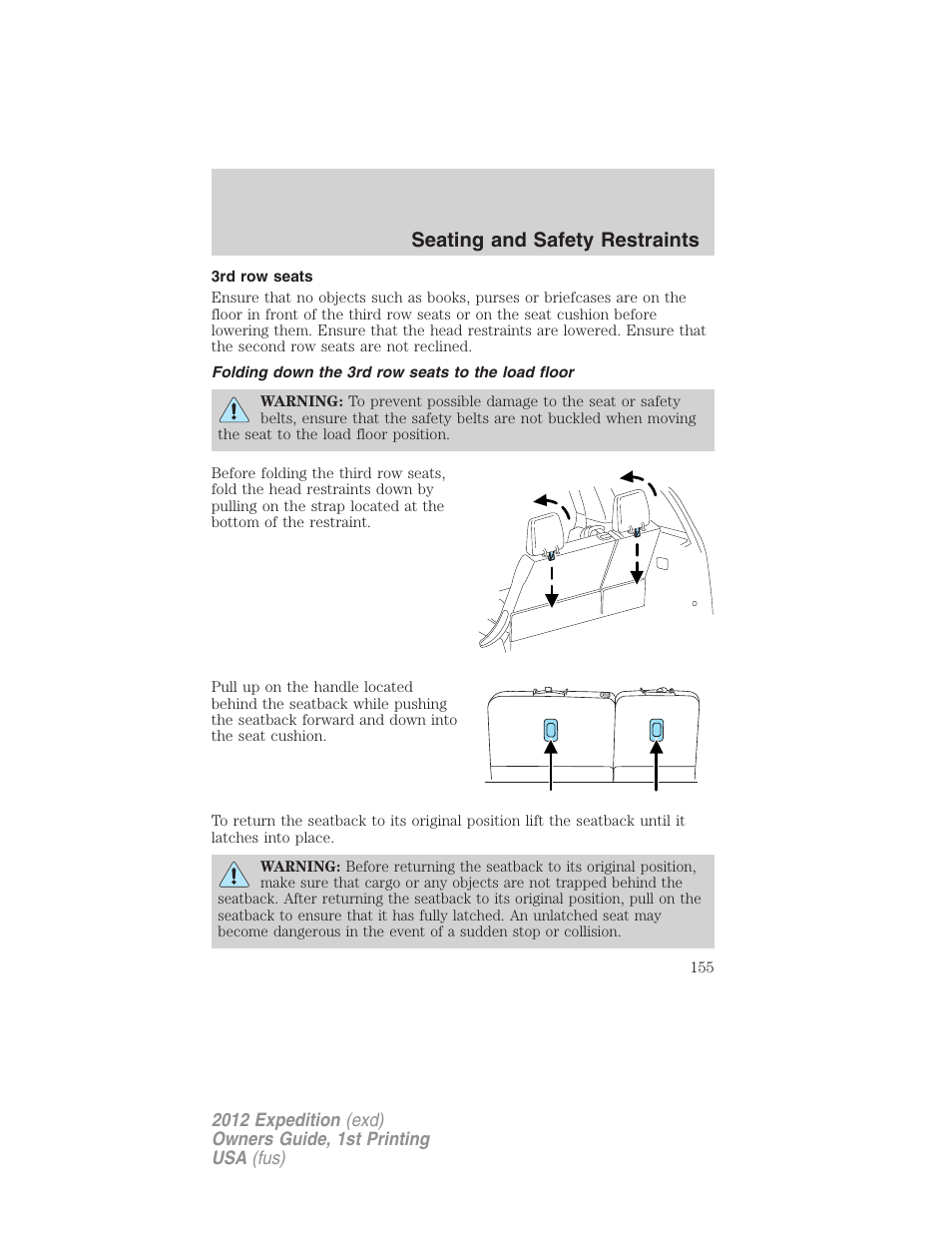 3rd row seats, Folding down the 3rd row seats to the load floor, Seating and safety restraints | FORD 2012 Expedition v.1 User Manual | Page 155 / 400