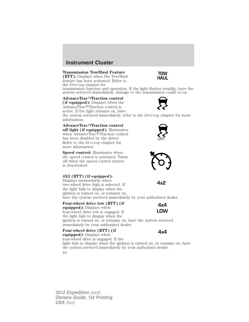 Instrument cluster | FORD 2012 Expedition v.1 User Manual | Page 16 / 400