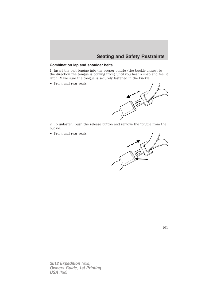 Combination lap and shoulder belts, Seating and safety restraints | FORD 2012 Expedition v.1 User Manual | Page 161 / 400