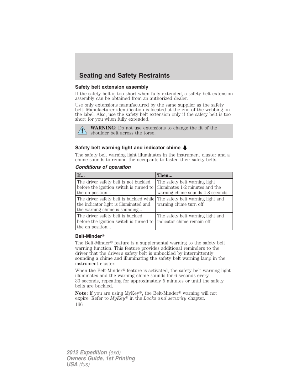 Safety belt extension assembly, Safety belt warning light and indicator chime, Conditions of operation | Belt-minder, Seating and safety restraints | FORD 2012 Expedition v.1 User Manual | Page 166 / 400